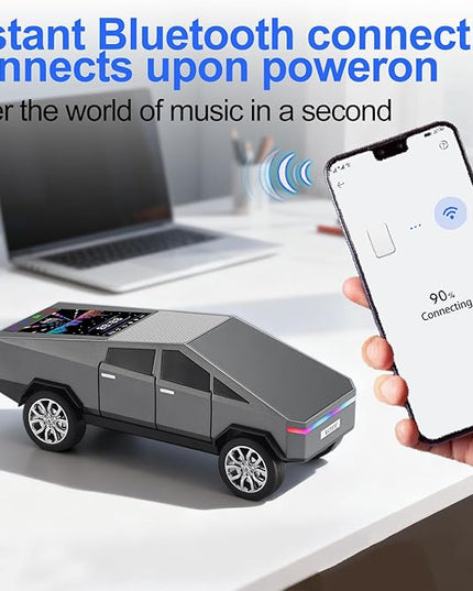 Futuristic Pickup Truck Bluetooth Speaker with LED Display Screen – TWS Stereo, FM Radio, USB/TF Playback, LED Headlights, Built-in Mic, Gift for Truck Fans, Auto Style Lovers&Tech Collectors (Gray)