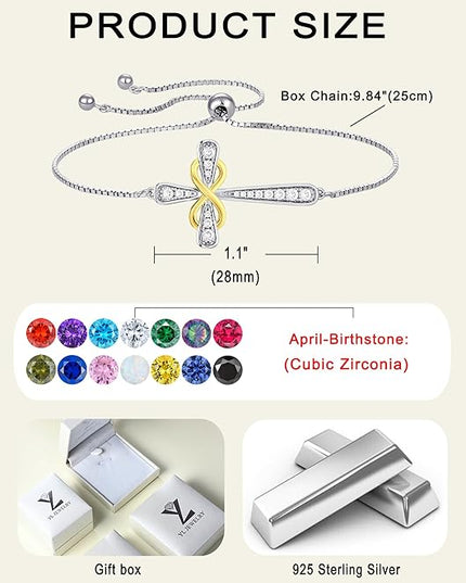 YL Cross Bracelet 925 Sterling Silver Infinity Sideways Link Bracelet Birthstone Jewelry for Women