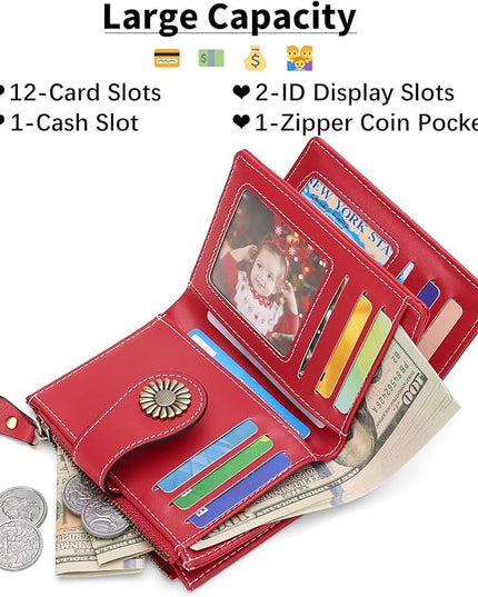 SENDEFN Small Womens Wallet Leather Bifold Card Holder RFID Blocking with Zipper Coin Pocket