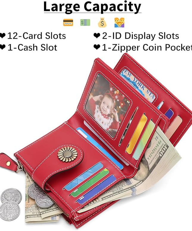 SENDEFN Small Womens Wallet Leather Bifold Card Holder RFID Blocking with Zipper Coin Pocket