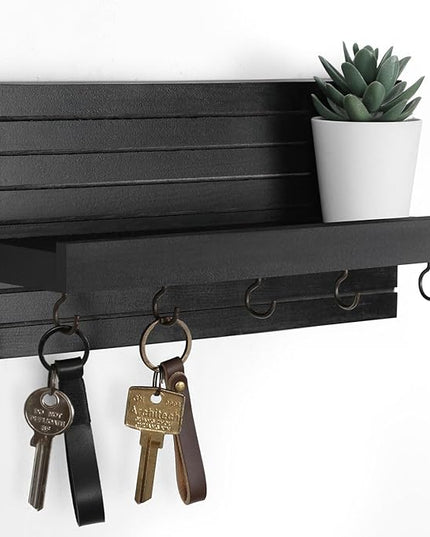 Lwenki Decorative Key Holder for Wall with Shelf, Entryway Shelf with Hooks Holds Leashes, Jackets and Glasses – Sturdy Wood Keyholder Entrance Hanger with Mounting Hardware (Black, Medium)
