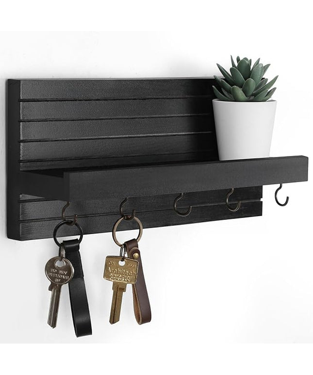 Lwenki Decorative Key Holder for Wall with Shelf, Entryway Shelf with Hooks Holds Leashes, Jackets and Glasses – Sturdy Wood Keyholder Entrance Hanger with Mounting Hardware (Black, Medium)