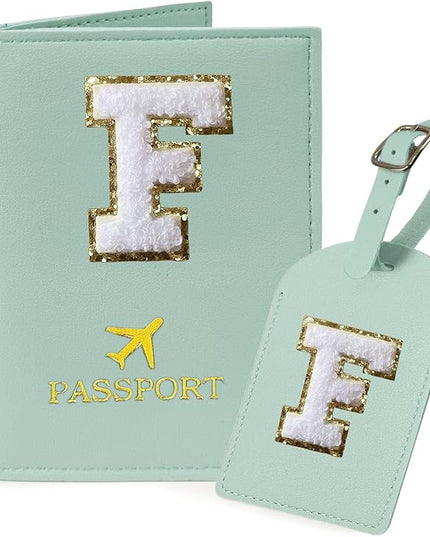 COSHAYSOO Green Passport Cover and Luggage Tag Set TSA Approved with Her Initial Chenille Letter Patch, Monogrammed Travel Bag Backpack Suitcase Identifier Gifts for Mom Women Teacher (F)