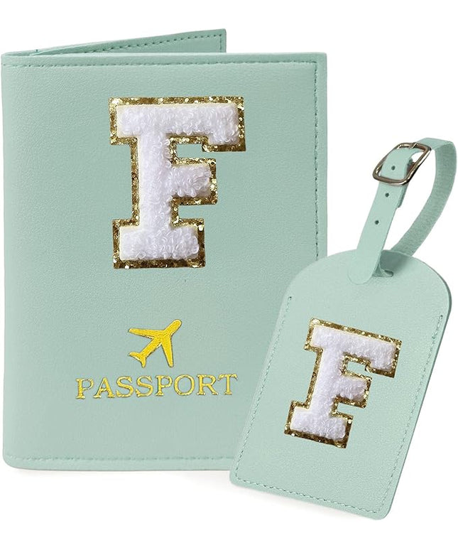 COSHAYSOO Green Passport Cover and Luggage Tag Set TSA Approved with Her Initial Chenille Letter Patch, Monogrammed Travel Bag Backpack Suitcase Identifier Gifts for Mom Women Teacher (F)