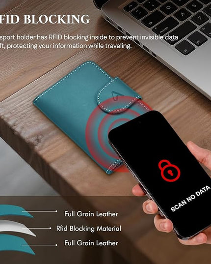 ALLIVE Rfid Passport Holder for Travel Women & Men, Passport Cover Wallet with AirTag Hidden, Genuine Leather Passport Holder Essential for Business Travel, Airport Security (Lake Blue)