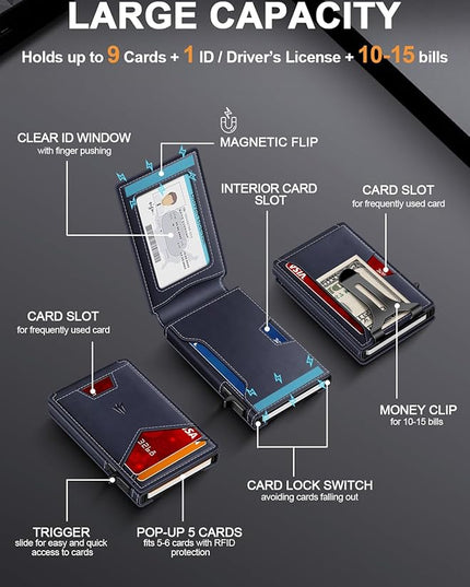 Ruiici Wallet for Men, Slim Minimalist Wallet with Money Clip＆ID Window, RFID Blocking Pop-Up Credit Card Holder, Smart Auminum Mens Wallet Holds 9-13 Cards (Gift Box) (Navy Blue)