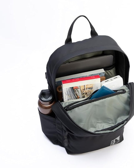 INUK Geometric Stripe Laptop Backpack, 13 Inch Water Resistant Backpack for College & Work, Recycled Travel Daypack Made from 24 Plastic Bottles, with Hidden Pocket & Luggage Strap, Black