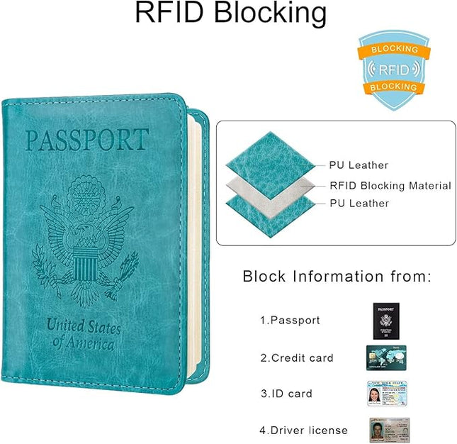 WALNEW Passport Holder for Travel, RFID Passport Cover Wallet for Women Men, PU Leather Passport Book Card Holder Case with Pen, Travelling Essentials for Flying