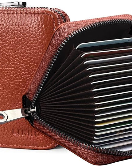 Linno RFID 20 Slots Credit Card Holder Genuine Leather Small Wallet for Women or Men with Zipper