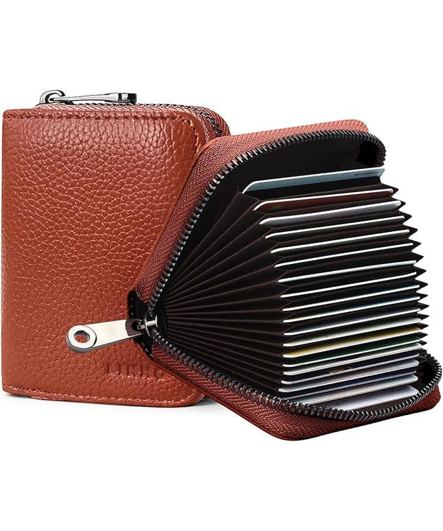Linno RFID 20 Slots Credit Card Holder Genuine Leather Small Wallet for Women or Men with Zipper
