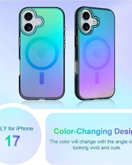 Aesthetic Case for iPhone 17 Case for Women Girls [Compatible with Magsafe] Cute Girly Trendy Glitter Sparkly Rainbow Magnetic Protective Phone Cover, Matte Iridescent Blue & Green