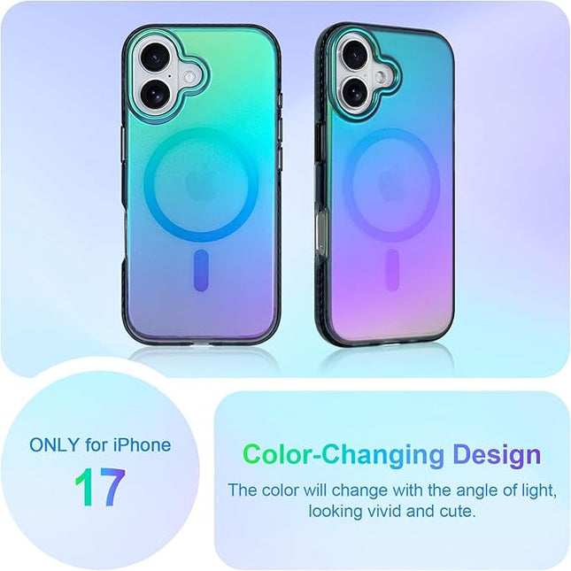 Aesthetic Case for iPhone 17 Case for Women Girls [Compatible with Magsafe] Cute Girly Trendy Glitter Sparkly Rainbow Magnetic Protective Phone Cover, Matte Iridescent Blue & Green