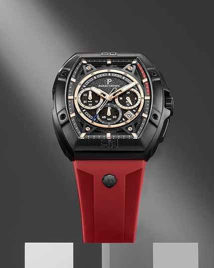 Paras Crown Watches for Men Tonneau 5ATM Waterproof Quartz Luxury Chronograph Analog Men's Wrist Watches Stainless Steel Case Mens Watches
