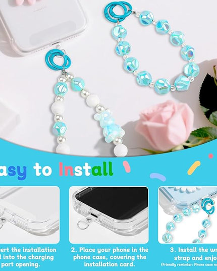 2 Pcs Phone Charm Wrist Strap with Tether Tab, Double Anti Lost Cute Beaded Wrist Lanyard, Detachable Transparent Phone Charms for Bag, Key Chains, Camera Decor