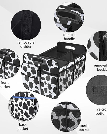 Trunk Organizer for Car, 72L Collapsible Waterproof Car Organizers and Storage, Car Accessories for Women and Men, Multi-Compartment Storage Organizer for SUV, Cow Print