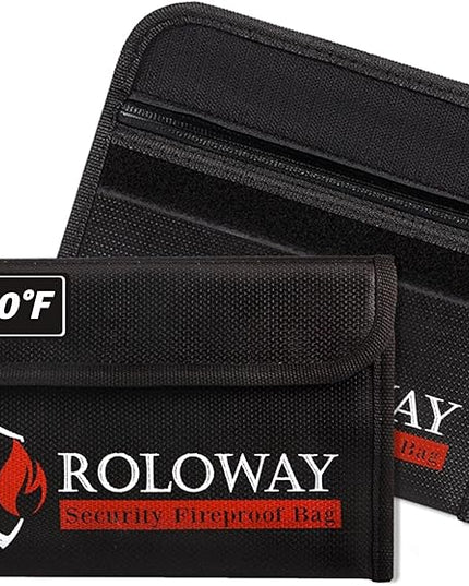 ROLOWAY Small Fireproof Bag (5 x 8 inches), Non-itchy Fireproof Money Bag for Cash, Valuables, Passport, Currency & Keys (2-Pack Black)