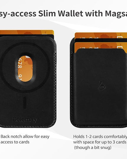 Belemay Strong Magnetic Wallet Compatible with Magsafe, Luxury Minimal Card Holder for 1-2 Cards, Premium Full-grain Smooth Leather Compatible with iPhone 17/16/15/14/13/12 series&MagSafe cases, Black