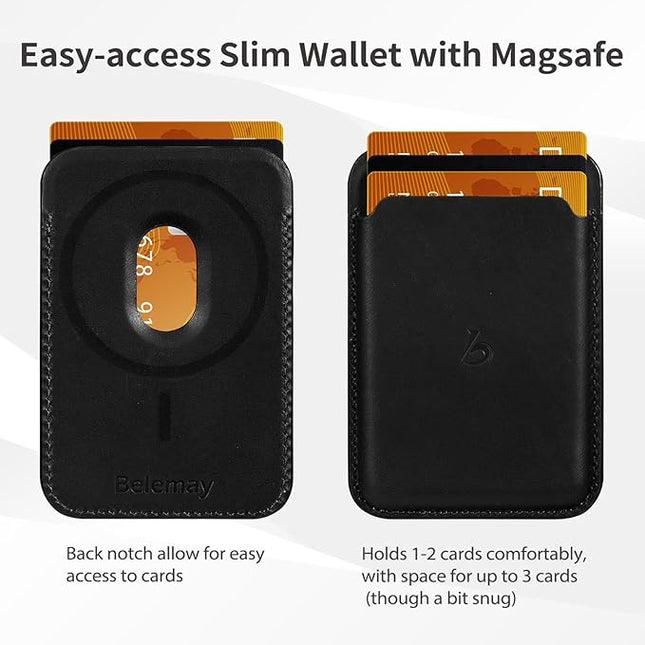 Belemay Strong Magnetic Wallet Compatible with Magsafe, Luxury Minimal Card Holder for 1-2 Cards, Premium Full-grain Smooth Leather Compatible with iPhone 17/16/15/14/13/12 series&MagSafe cases, Black