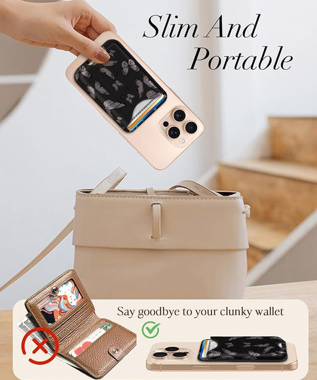 Shorogyt Compatible with Magsafe Wallet Magnetic Card Holder - Butterfly Phone Wallets for Women Teen Girls Cute for iPhone 17/16/15/14/13/12 Series Slim for Apple Mag RFID Magnet, Fit 3 Cards
