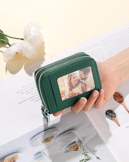 RNIEGA Credit Card Holder Wallet RFID Blocking Leather Small Wallet for Women Double Zipper Wallet with ID Window