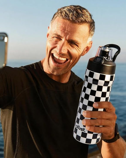 Magnetic Water Bottle with Straw 18 oz - Stainless Steel Insulated Tumbler for Gym & Bike (Fits Holders) - Leak Proof Pop-Up Lid, 2-in-1 Sip or Chug, Handle & Cute Black Checkered Print