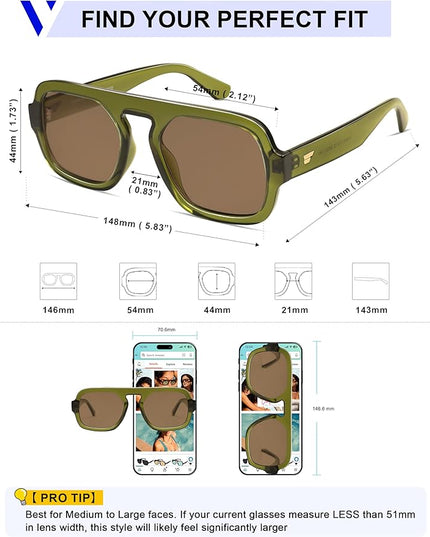 VANLINKER Oversized Retro Square Aviator Sunglasses for Women Men 70s Vintage Style Trendy Big Flat Top Sun Glasses VL9826