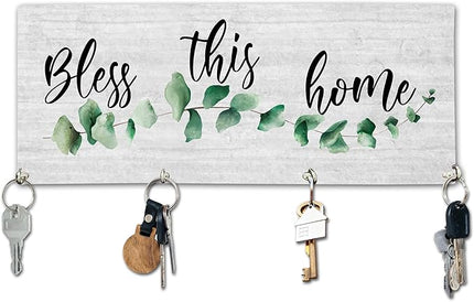 Yhtmbf Bless This Home Wooden Key Holder for Wall - 5"x10" Key Organizer Hanger with 4 Hooks for Front Door Hallway Entryway Kitchen - Home Office Decor & Housewarming Gifts Supplies - A01
