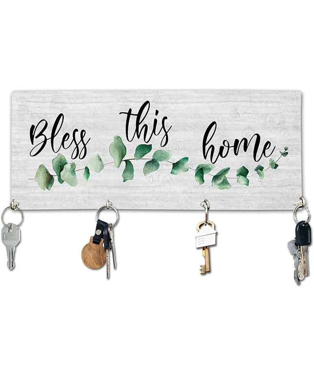 Yhtmbf Bless This Home Wooden Key Holder for Wall - 5"x10" Key Organizer Hanger with 4 Hooks for Front Door Hallway Entryway Kitchen - Home Office Decor & Housewarming Gifts Supplies - A01