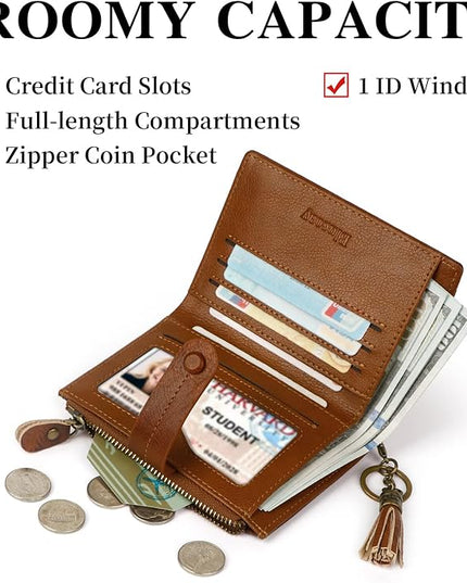 Blucoay Leather Wallet Women,RFID Blocking Small Wallets for Women Compact Bifold Wallet Card Holder With Zipper Coin Pocket Brown