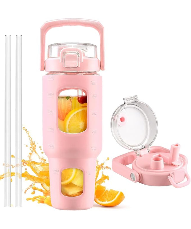 BLUEGO 40oz Glass Tumbler with Lid and Straw, Glass Water Bottles with Handle, Glass Cup with Time Marker and Silicone Sleeve, Fits Most Cup Holder, Leak-proof, Pink