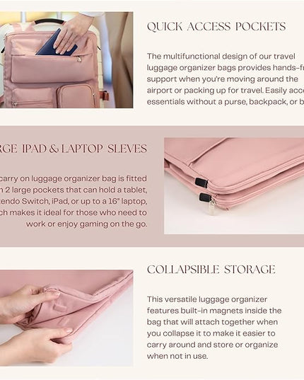 BAREFOOT CARIBOU Over Luggage Organizer for Carry On Bag or Suitcase with Storage Pockets, 16” Laptop Sleeve with Handle, Travel Accessories Bag Slide On Luggage Harness with Adjustable Straps (Pink)