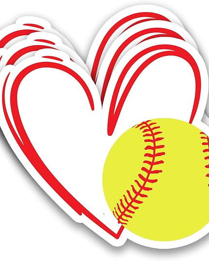 (3Pcs) Softball Stickers Waterproof Vinyl Softball Heart Decals for Water Bottle, Tumbler, Laptop, Phone Case, Poster Board, Scrapbooking, Team Players, Coach, 3" x 2.8"