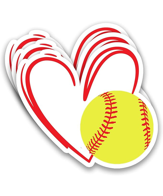 (3Pcs) Softball Stickers Waterproof Vinyl Softball Heart Decals for Water Bottle, Tumbler, Laptop, Phone Case, Poster Board, Scrapbooking, Team Players, Coach, 3" x 2.8"