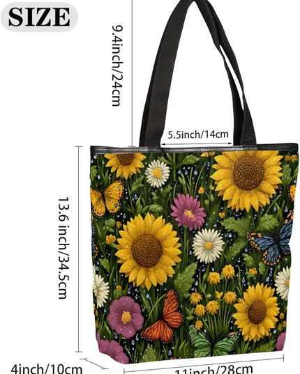 Pardick Canvas Tote Bags, Sunflower Daisy Butterfly Tote Bag Eco Friendly Reusable Grocery Shopping Bagsfor Beach, Books, Women with Zipper Inner Pocket