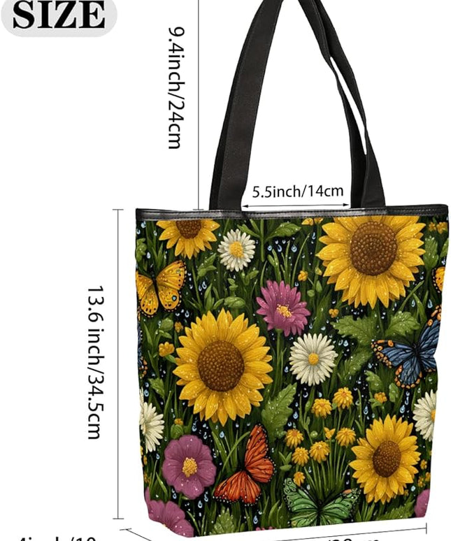 Pardick Canvas Tote Bags, Sunflower Daisy Butterfly Tote Bag Eco Friendly Reusable Grocery Shopping Bagsfor Beach, Books, Women with Zipper Inner Pocket