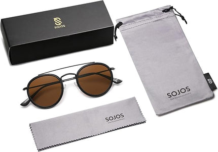 SOJOS Retro Vintage Round Polarized Sunglasses for Women Men Small Double Bridge Circle Sunnies SJ1104