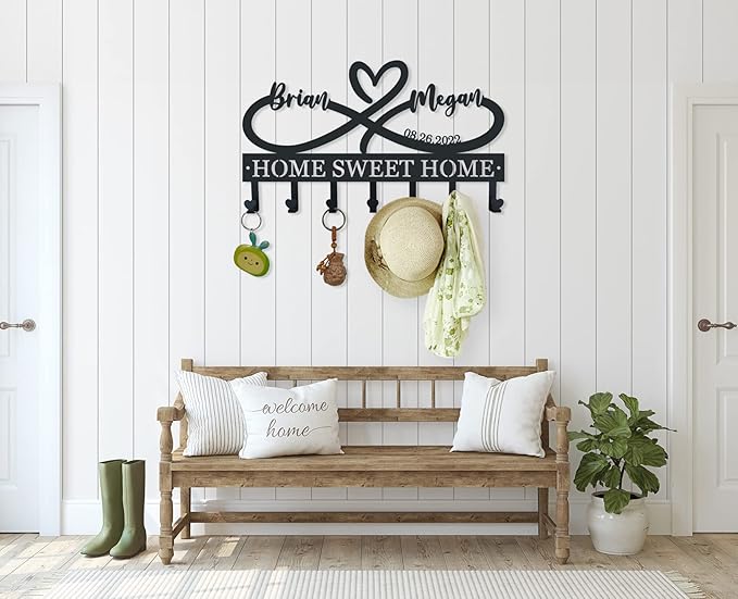 EXUNART Metal Key Holder for Wall, 5 Hooks, Art Deco, Personalized, Waterproof, Rust Resistant, Max 33 pounds, Decorative Home Decor, Wedding Gift