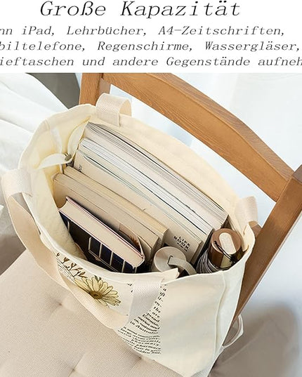 BROADREAM Aesthetic Canvas Tote Bag for Women, Vintage Reusable Book Tote Bag with Inner Zipper Pocket