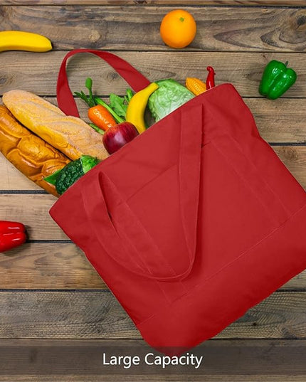 TOPDesign 3-Pack Canvas Tote Bags with an External Pocket, Reusable Grocery Shopping Bags, Top Zipper Closure, Daily Essentials (Red)
