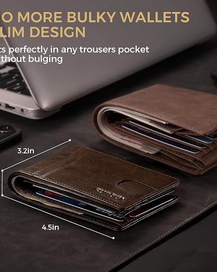 RUNBOX Wallet for Men Bifold RFID Blocking Wallets with 2 ID Window 14 Card Holders 1 cash pocket 1 Gift Box