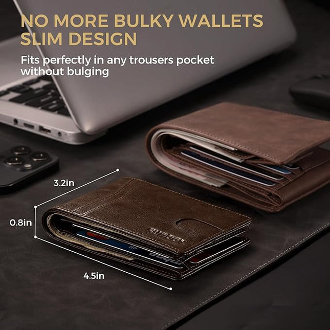 RUNBOX Wallet for Men Bifold RFID Blocking Wallets with 2 ID Window 14 Card Holders 1 cash pocket 1 Gift Box