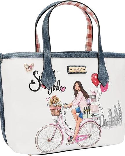 Nicole Lee Nikky Bag Sweet Girl 2 Piece Tote Bag, Two interior open wall accessory pockets at front. Nylon and Eco-Leather, Zipper Closure, Adjustable Strap(SWEET GIRL