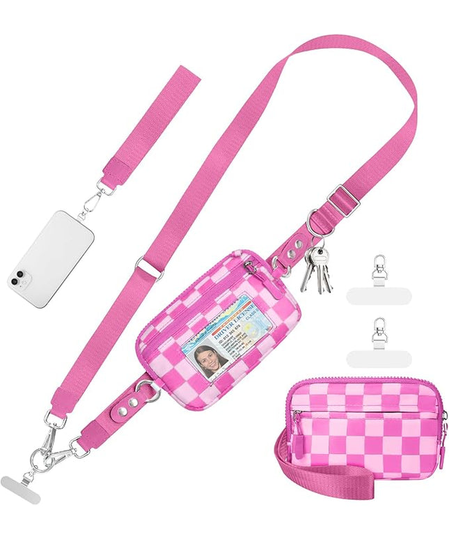 Clip and Go Strap for Phone with Wallet Crossbody Phone Lanyard and Detachable Checkered Bag with ID Window and RFID Pouch for Daily Travel.
