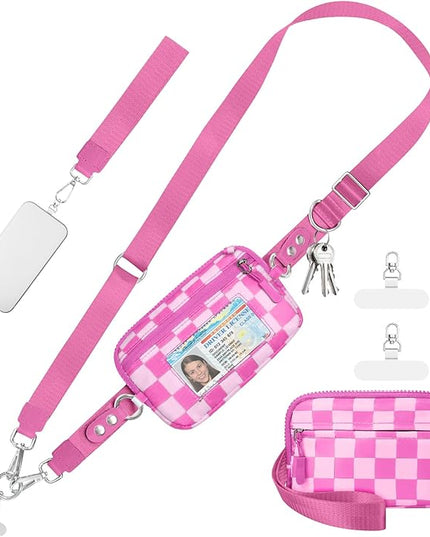 Clip and Go Strap for Phone with Wallet Crossbody Phone Lanyard and Detachable Checkered Bag with ID Window and RFID Pouch for Daily Travel.
