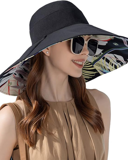 HUAMULAN Women Summer Sun Hat Wide Brim Wired Edge Floral Beach Bucket Hats Reversible Foldable Travel UV Protection Lady Hat
