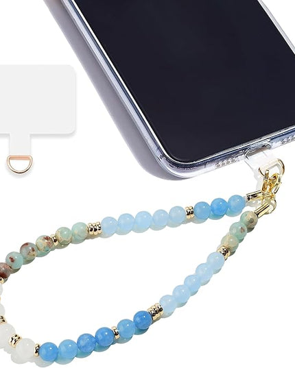 Marble Beaded Phone Wrist Strap,Detachable Phone Bracelet Strap with Tether Tab,Hands-Free Wristlet Strap (Blue white Jade)