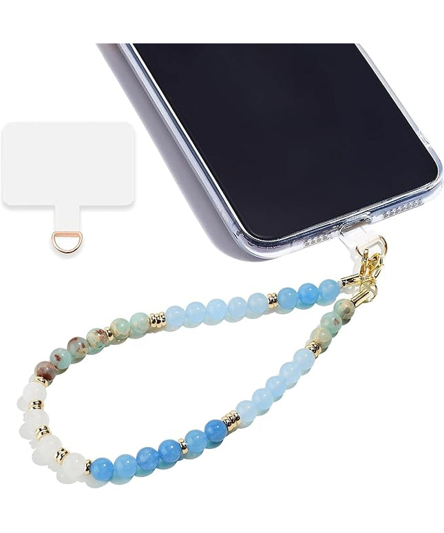 Marble Beaded Phone Wrist Strap,Detachable Phone Bracelet Strap with Tether Tab,Hands-Free Wristlet Strap (Blue white Jade)