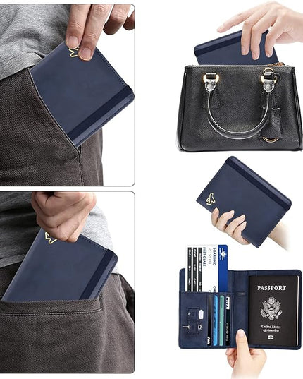 WALNEW Passport Holder for Travel, RFID Passport Cover Wallet for Women Men, PU Leather Passport Book Card Holder Case with Pen, Travelling Essentials for Flying