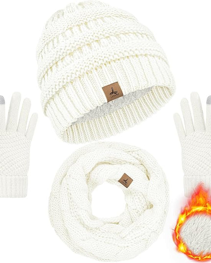Winter Beanie Hat Scarf Gloves, Warm Fleece Knit Hats Touch Screen Gloves Neck Scarf Set Winter Gifts for Unisex Adult