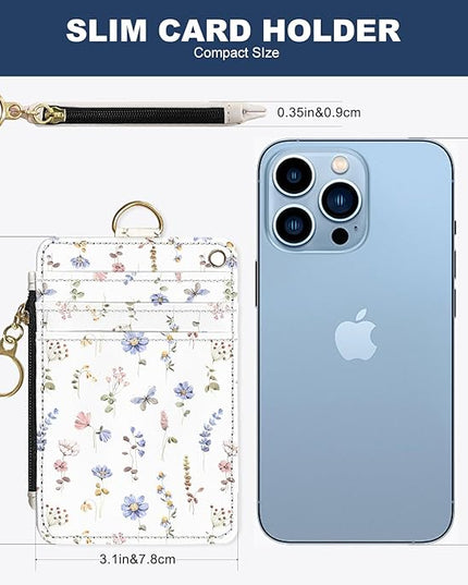 Slim Wallet Credit Card Holder, White And Purple Floral Print, RFID Wallet Women Cute Small Front Pocket Wallet With Zipper, PU Leather Thin travel RFID Blocking Card Case ID Window ,Ladies Gifts